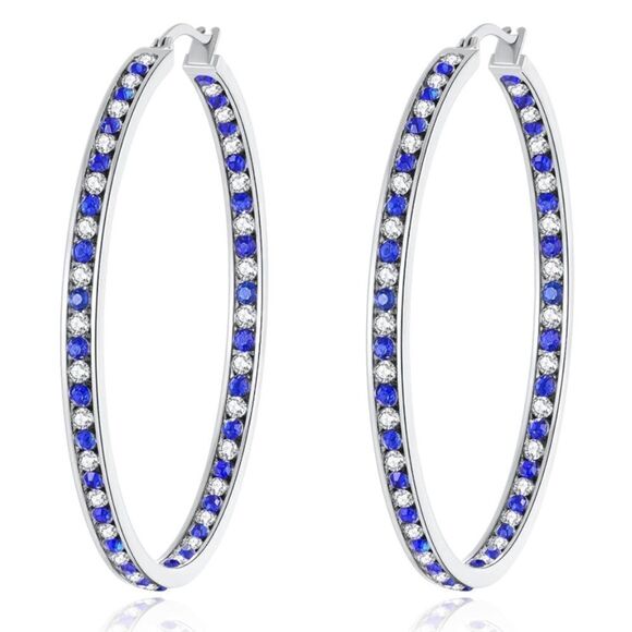 14K White Gold with Blue Sapphire and White Diamond Cubic Zirconia Hoop Earrings - Picture 1 of 6